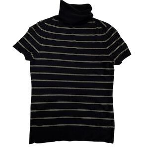 Theory 100% Cashmere Short Sleeve Turtleneck Sweater Medium Navy Blue Stripe